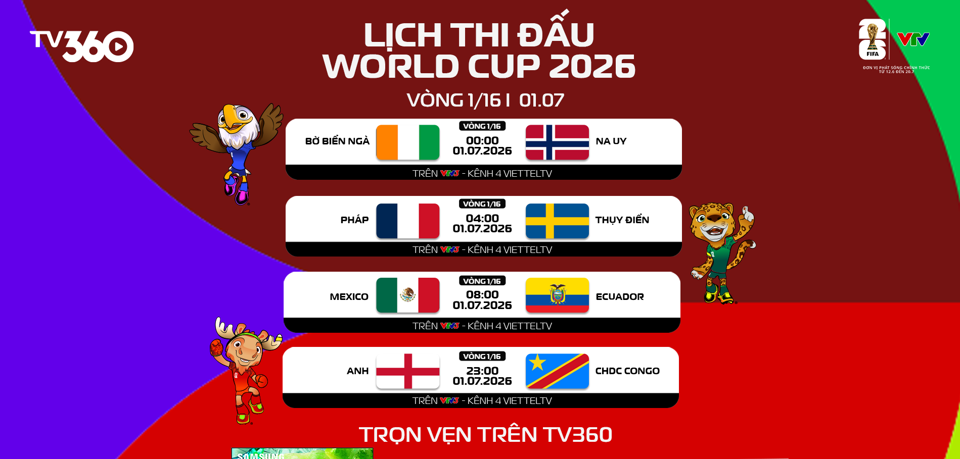Lịch thi đấu World Cup 2026 hôm nay (1-7)